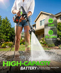 Person using Cordless Car Washing Tool With 6 In 1 Nozzle And Foam Cannon, Battery Operated Handheld Cleaner spraying wooden patio