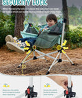 Child sitting in Kids Hammock Chair Foldable With Stand, Portable Camping Swing Chair With Cup Holder, Easy Setup For Travel, Green.