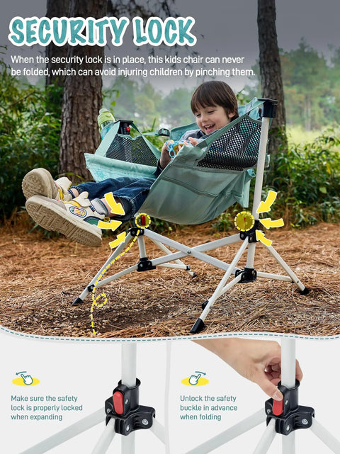 Child sitting in Kids Hammock Chair Foldable With Stand, Portable Camping Swing Chair With Cup Holder, Easy Setup For Travel, Green.