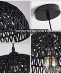 Close-up details of Black Woven Pendant Light Boho Chandelier, showcasing wicker and rattan dome with bulb and canopy.