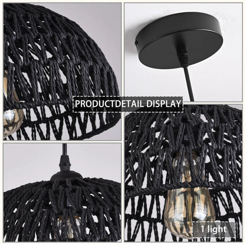 Close-up details of Black Woven Pendant Light Boho Chandelier, showcasing wicker and rattan dome with bulb and canopy.