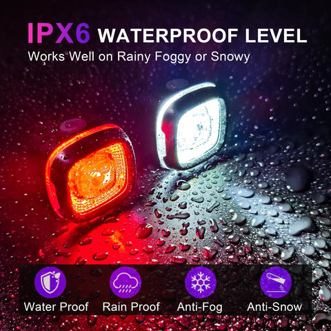 Front And Rear Bike Lights Set With Type C Rechargeable Headlight And Taillight For Late Night Rides, waterproof on wet surface