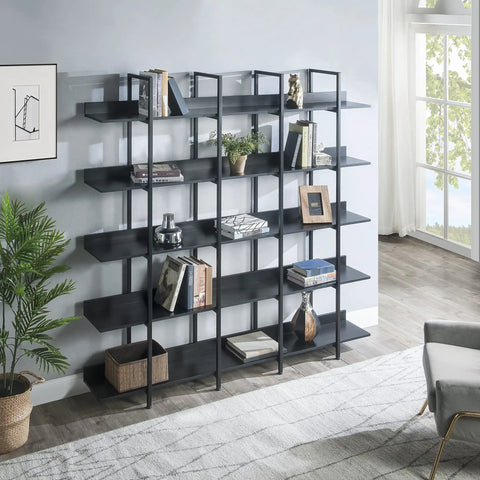 Five Shelf Vintage Industrial Bookcase With Black Metal Frame And MDF Shelves Space Saving Storage Organizer in living room corner
