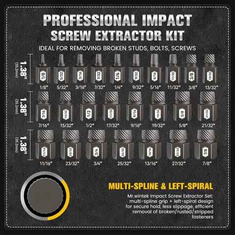 25 Piece 3/8 Inch Drive Impact Bolt Extractor Set With Heavy Duty Case for removing broken studs bolts screws hex head.
