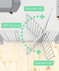 Top view of extra tall and wide safety gate for pets and kids fits 29 to 53 inch openings, auto close door, shown in wide swing mode.