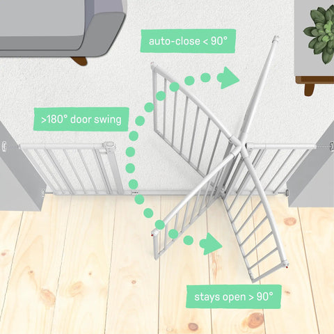 Top view of extra tall and wide safety gate for pets and kids fits 29 to 53 inch openings, auto close door, shown in wide swing mode.