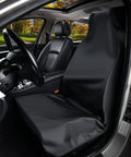 Waterproof Front Car Seat Cover Protector Universal Fit For Cars And Trucks Easy Install Reusable Black Seat Protector Against Water Dirt Sweat And Pet Hair shown inside a car.