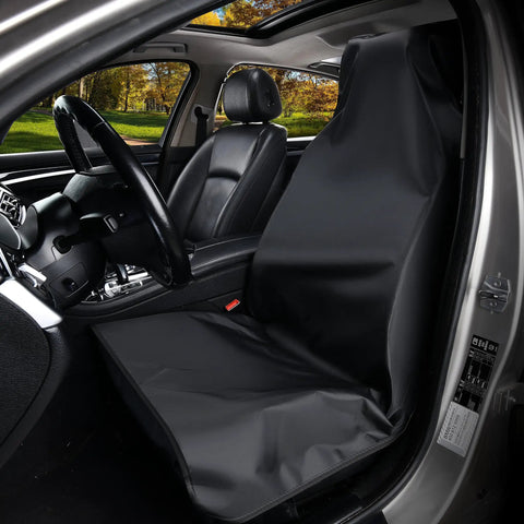 Waterproof Front Car Seat Cover Protector Universal Fit For Cars And Trucks Easy Install Reusable Black Seat Protector Against Water Dirt Sweat And Pet Hair shown inside a car.