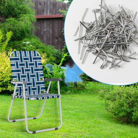 Heavy Duty Lawn Chair Webbing Clips Set, 100 Piece Galvanized Steel Clips For Chair Frame Repair And Sofa Webbing Replacement shown with a lawn chair