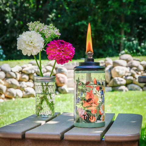 Wildflower Glass Outdoor Torches 2-Pack, 65-Inch Easy Install Patio Backyard Lighting For Stylish Lawn Ambience, glass torch on table