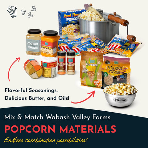 Hella Fluffy Stovetop Popcorn Maker Six Quart Aluminum Pot With Stirring Metal Gears For Next Level Movie Nights And Dope Buttered Kernels Quick Clean Kitchen Gear with popcorn supplies and seasonings.