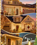 Image of houses decorated with lights using All In One Outdoor Christmas Light Clips 200 Pack Universal Gutter And Shingle Clips For Hanging C9 C7 And Mini String Lights On Roofs Gutters Eaves Yard And Holiday Decor.