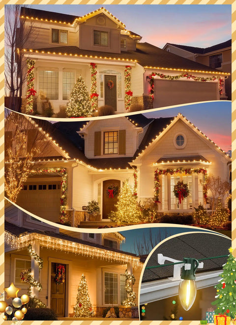 Image of houses decorated with lights using All In One Outdoor Christmas Light Clips 200 Pack Universal Gutter And Shingle Clips For Hanging C9 C7 And Mini String Lights On Roofs Gutters Eaves Yard And Holiday Decor.