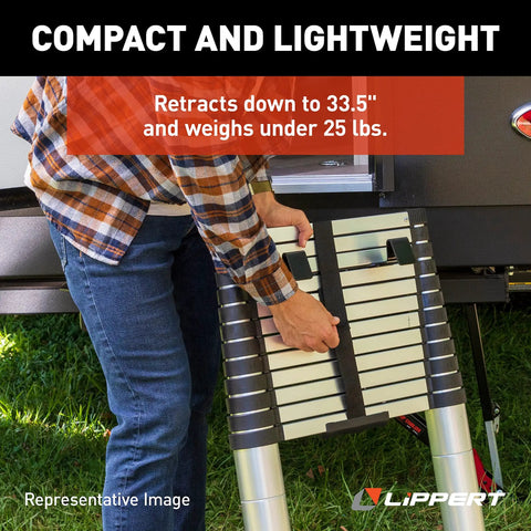 On The Go Portable Telescoping RV Ladder 14.5 Ft For Easy Roof Access, Quick Extend, And Deep Stow To 35.75 In, Heavy Duty 330 Lb Capacity, Stable And Safe Climbing For Your RV, Fits Lippert Ladder Receiver, folded by RV