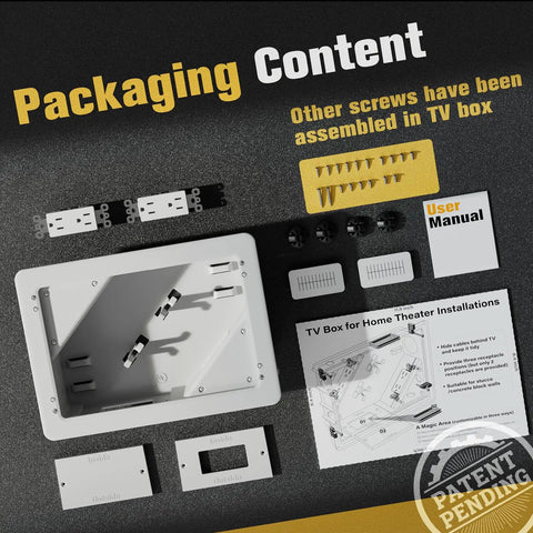 Pro Grade In Wall TV Box With Sleek Flange For Tidy Home Theater Wiring packaging contents including screws, user manual, and TV box components.