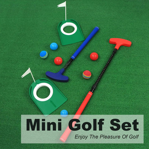 Adjustable Putter Mini Golf Set With Retractable 16 To 36 Inch Shaft, 2 Golf Clubs, 6 Balls, 2 Cups With Flags on green mat