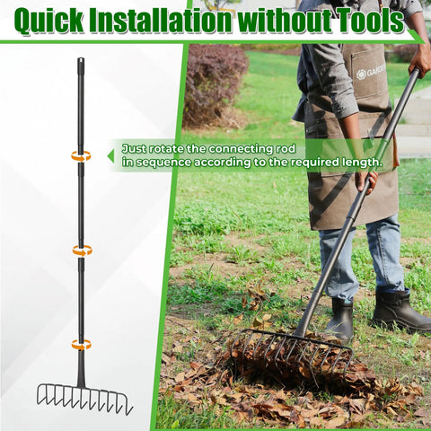 Heavy Duty Lawn Rake With 11 Stainless Tines And 82 Inch Adjustable Handle, shown in use for clearing leaves