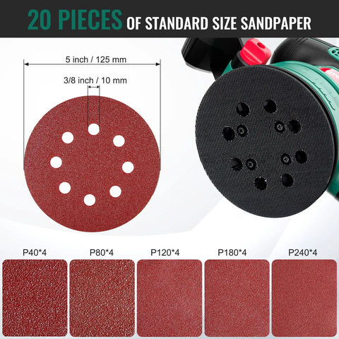 20 pieces of standard size sandpaper, 5 inch, compatible with Heavy Duty 5 Inch Random Orbital Sander With 3.8 Amp 450W Motor.