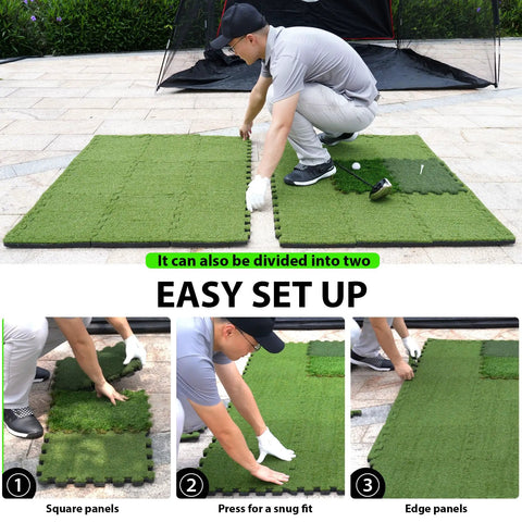 Man assembling Tri Turf Golf Hitting Mat With Thick EVA Foam Base for indoor outdoor backyard practice, showcasing setup process.