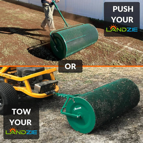 Person using Heavy Duty 44 Inch Metal Mesh Basket Lawn Spreader For Push And Tow Use With Compost Peat Moss Top Soil Mulch And Manure.