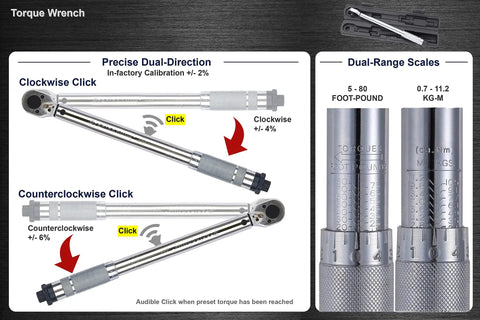 Three Eighths Inch Drive Dual Direction Click Torque Wrench, 5-80 Ft-Lb Range, ASME B107.300 Certified specifications display