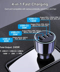 Ride Ready Hella Fast 240W Type C Car Charger featuring 4 ports labeled USB-C1, C2, C3, and A, set on a textured surface.