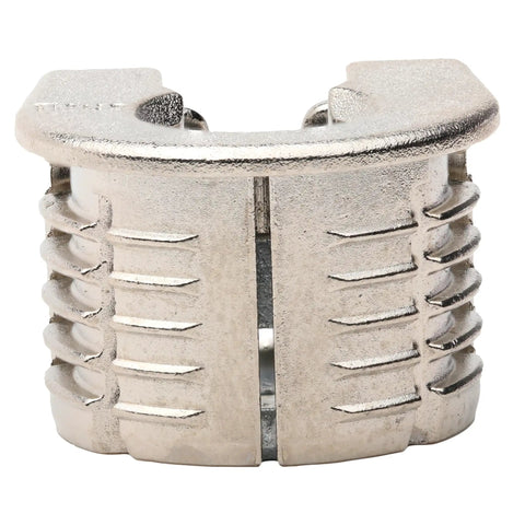 Pro Grade Zinc Cam Lock Connectors For 19mm Panels, Drop In Ridge System Six Hardware, Nickel Plated 100 pack connector close-up.
