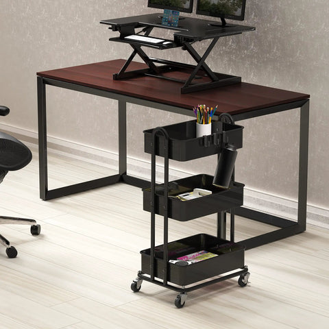 Beefy Steel Frame 3 Tier Metal Utility Rolling Cart With Black Finish For Home Garage Kitchen Organization And Easy Mobility On Four 2 Inch Casters alongside a desk