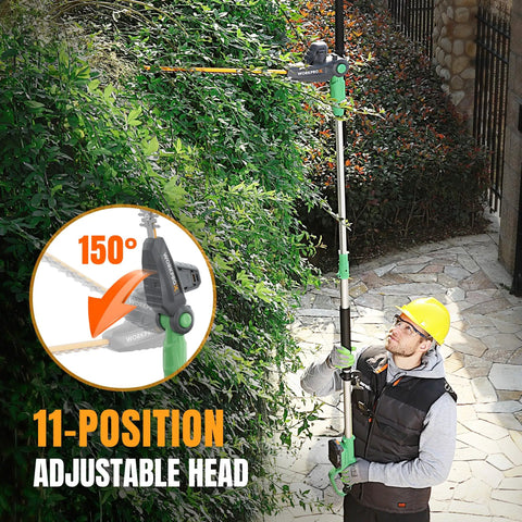 Man using 20V Cordless Pole Hedge Trimmer With 9.2 Foot Reach, 11-Position Rotating Head on tall hedge