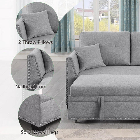 Straight Up Comfy 82 Inch Sectional Sofa Bed With Hidden Storage Chaise Drawer And Easy Pull Out Sleeper Frame Tailored For Studio Apartments Or Tight Rooms with nailhead trim, throw pillows, and solid wood legs.