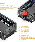 Heavy Duty 3000W Pure Sine Wave Power Inverter 12V To 120V AC Converter built like a tank with cooling fan and LED display.