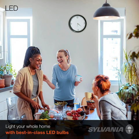 People talking in a kitchen lit by Brighten Everyday With Energy Saver LED A19 Bulbs 60W Equivalent, 800 Lumens, Frosted Finish.