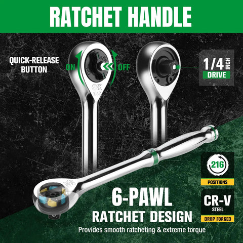 One Quarter Inch Drive Socket Set With 216 Piece Quick Release Ratchet, SuperKrome Finish, Pro Grade CR V Construction
