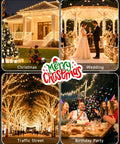 165 Ft 500 LED Christmas Lights Outdoor Indoor Plug In Warm White Waterproof Connectable Clear Wire Twinkle Lights shown in various settings: house, wedding, street, and party.