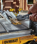 Compact Jobsite Table Saw cutting wood at a 48-degree angle with rack and pinion fence for precise cuts.
