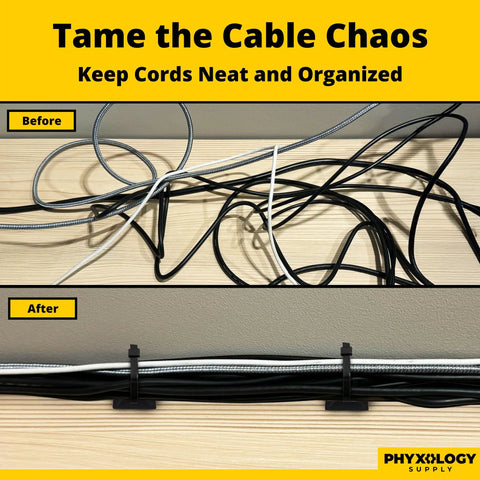 Before and after view of cables organized using Adhesive-Backed Cable Tie Mounts 100 Pack, UV Black 1.1 x 1.1 Inch Bases With Screw-Hole Anchors.