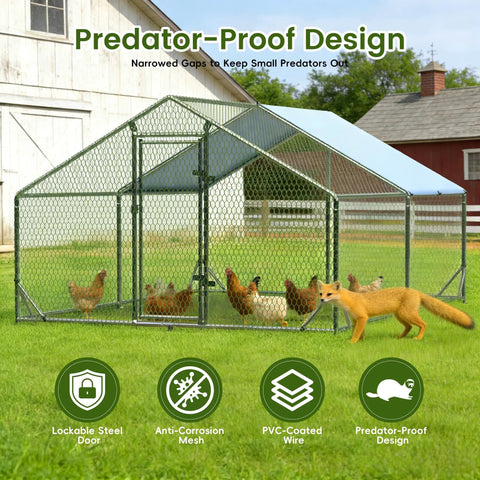Spacious Walk In Chicken Run With Full Roof Cover For Backyard Poultry 13 Ft Long By 9.8 Ft Wide By 6.5 Ft High Heavy Duty Metal Coop