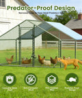 Large walk-in chicken run with full roof cover and waterproof UV canopy, metal frame in yard, fox outside predator-proof pen.