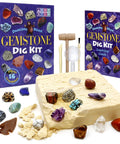 Gem Stone Dig Kit With 16 Real Gems And Crystals Including Quartz Point And Amethyst STEM Education For Kids Fun Rock Mining Science Activity Gift Set For Girls And Boys displayed with tools and guide book