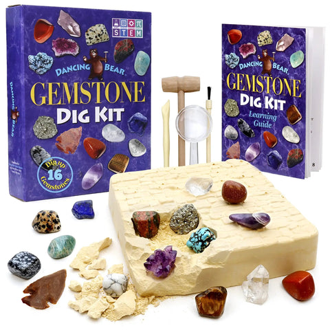 Gem Stone Dig Kit With 16 Real Gems And Crystals Including Quartz Point And Amethyst STEM Education For Kids Fun Rock Mining Science Activity Gift Set For Girls And Boys displayed with tools and guide book