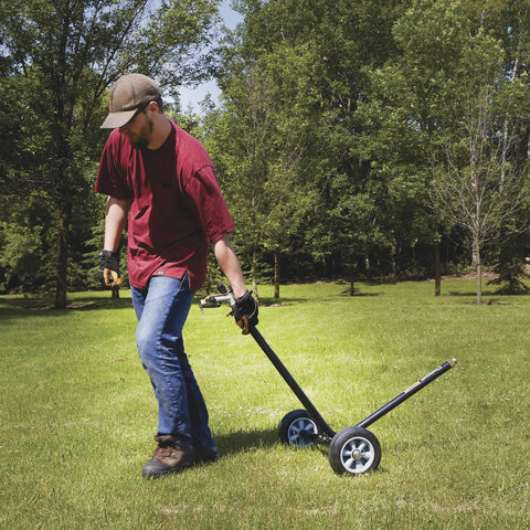 Person moving Wheeled Sprinkler With 1 Inch Head And 3 Nozzles For Big Yard Coverage 120 Foot Diameter Reaches 11,000 Sq Ft