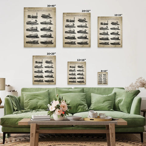 Steam Locomotive Evolution Canvas Print Dope Retro Railroad Wall Art Transportation Decor For Bedroom Living Room Office Or Dorm Gift For Men And Women Premium Giclee On Museum Quality Polyester Canvas 30x40 Rolled displayed in living room above green sofa