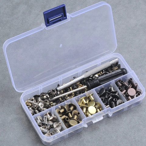 Hella Durable 125 Piece Chicago Screw Kit With Five Mixed Metallic Shades For Leather Crafting Shoes And Bags Includes Quick Install Tools And Neat Plastic Case Features Smooth Round Flat Heads For Garment Making And Repairs.