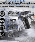Car Wash Snow Foam Lance with Foam Cannon For Car Wash Kit With One Quarter Inch Quick Connector And M22 Inlet 4000 PSI Short Pressure Washer Foam Gun One Point Five Liter Dense Thick Foam For Real Showroom Shine attached, spraying foam on car, 1.5L capacity, M22 fitting.