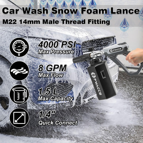 Car Wash Snow Foam Lance with Foam Cannon For Car Wash Kit With One Quarter Inch Quick Connector And M22 Inlet 4000 PSI Short Pressure Washer Foam Gun One Point Five Liter Dense Thick Foam For Real Showroom Shine attached, spraying foam on car, 1.5L capacity, M22 fitting.