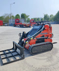 Small But Mighty Mini Skid Steer Loader With Leveler, 1800lbs Capacity in a parking lot, ready for gardens, farms, and parks use