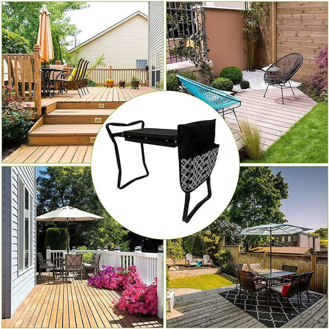 Foldable Garden Kneeler Seat 2 In 1 With EVA Foam Kneeling Pad And Tool Bag shown in multiple garden settings