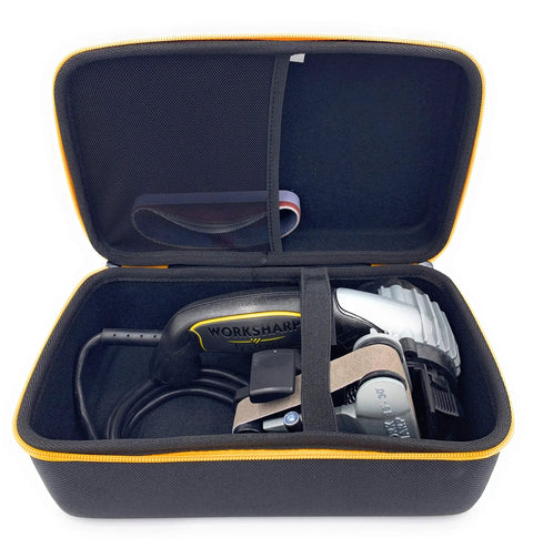 Open Hard Storage Case For Work Sharp Knife And Tool Sharpener Ken Onion Edition with EVA shell and mesh organizer visible.