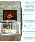 Lifestyle image of Super Wide Baby Gate And Play Yard For Large Openings expands to 192 inches wide, showing 8-panel configuration with child inside.