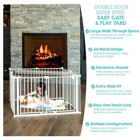 Lifestyle image of Super Wide Baby Gate And Play Yard For Large Openings expands to 192 inches wide, showing 8-panel configuration with child inside.